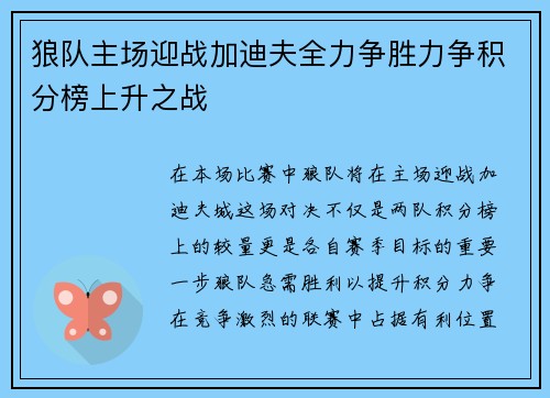 狼队主场迎战加迪夫全力争胜力争积分榜上升之战