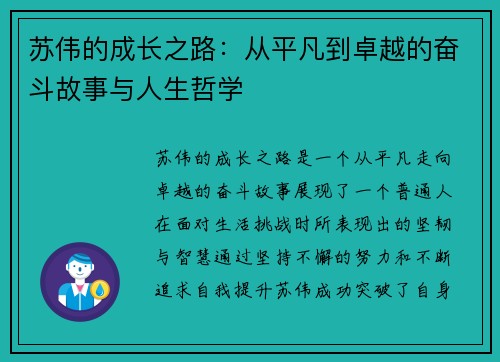 苏伟的成长之路：从平凡到卓越的奋斗故事与人生哲学